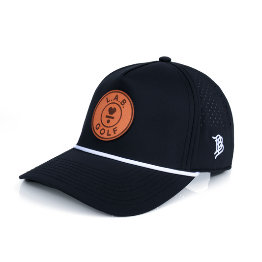 Curved 5-Panel Rope Hat: Leather Patch - Black