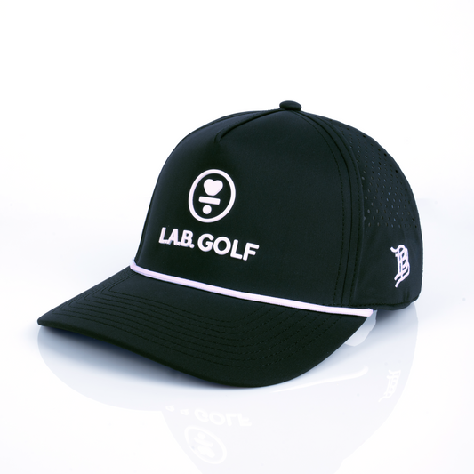 Curved 5-Panel Rope Hat: Stacked Logo - Black