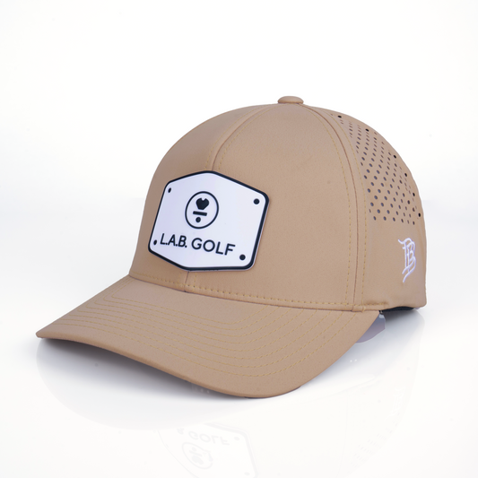 Curved Performance Hat: Stacked Logo - Desert