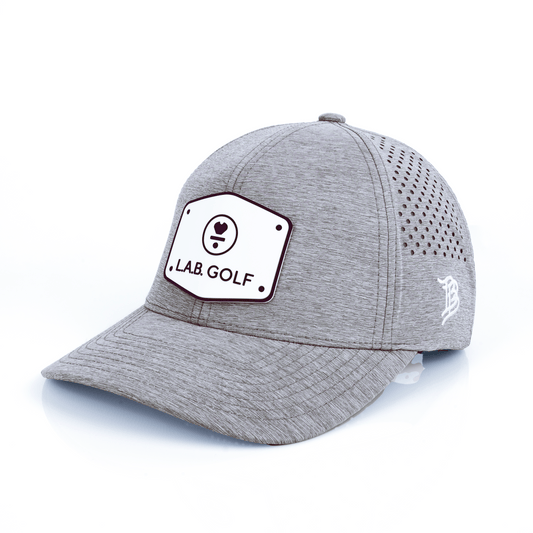 Curved Performance Hat: Stacked Logo - Heather Gray