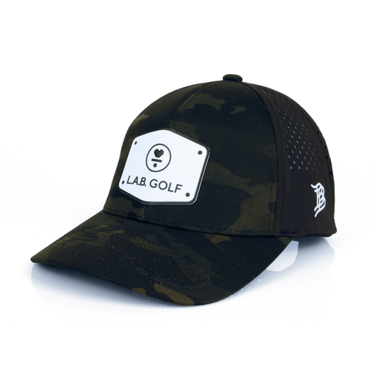 Curved Performance Hat: Stacked Logo - Multicam