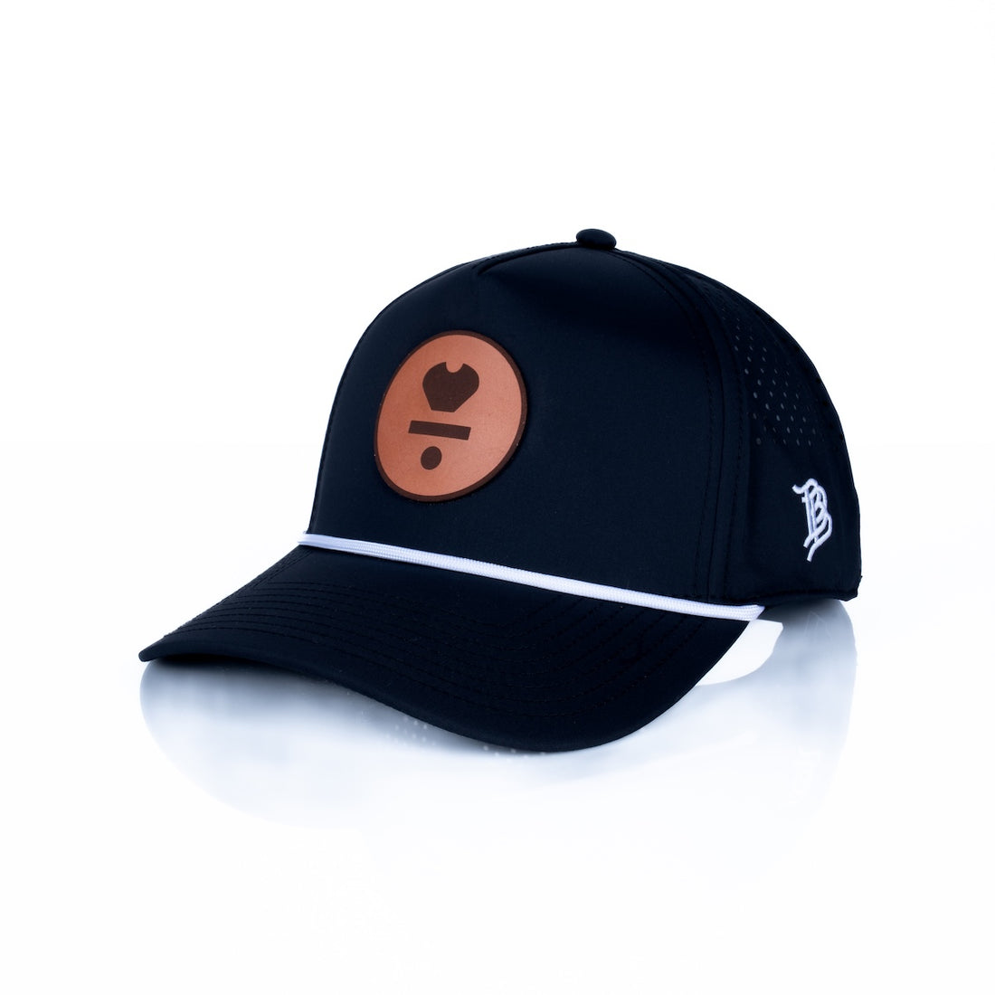Curved 5-Panel Rope Hat: Leather Classic Logo - Black