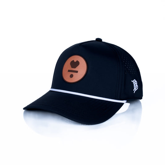 Curved 5-Panel Rope Hat: Leather Classic Logo - Black