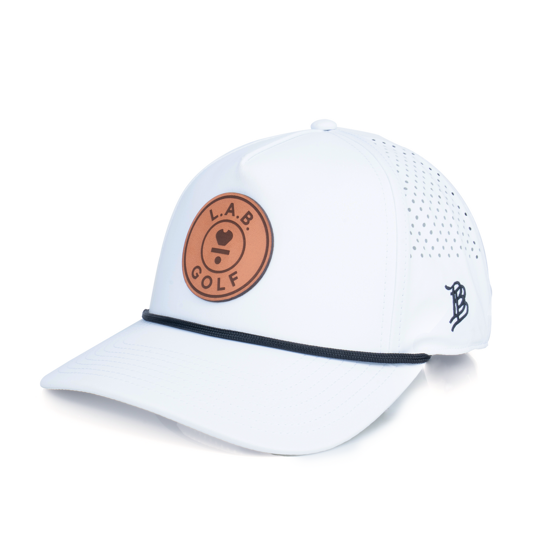 Curved 5-Panel Rope Hat: Leather Patch - White