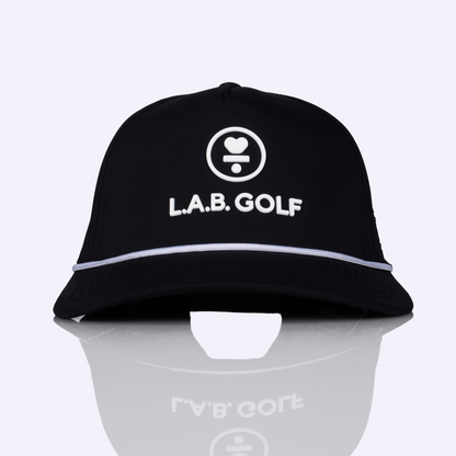 Curved 5-Panel Rope Hat: Stacked Logo - Black