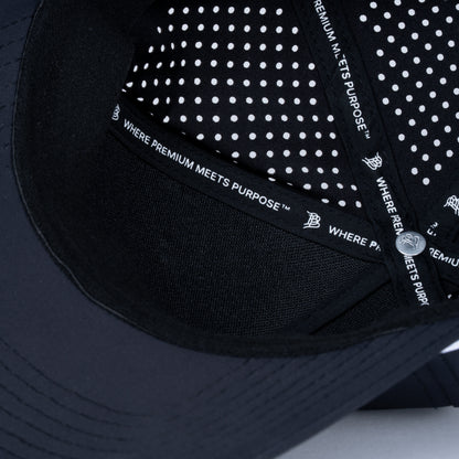 Curved 5-Panel Rope Hat: Stacked Logo - Black