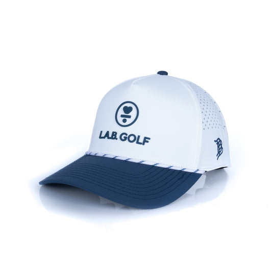 Curved 5-Panel Rope Hat: Stacked Logo - White