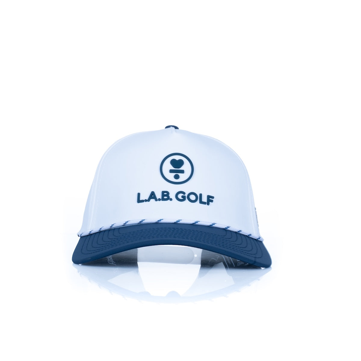 Curved 5-Panel Rope Hat: Stacked Logo - White
