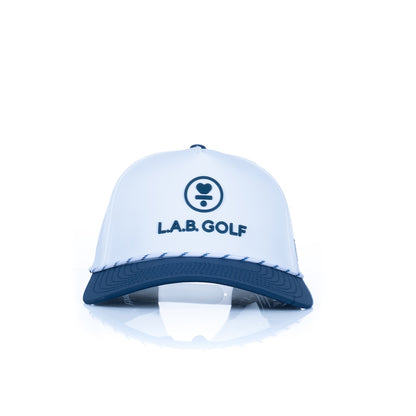 Curved 5-Panel Rope Hat: Stacked Logo - White